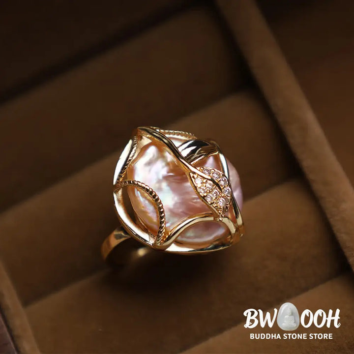 Buddha Stones Pearl Copper Plated Gold Flower Happiness Wealth Ring - BWOOOH - Ring