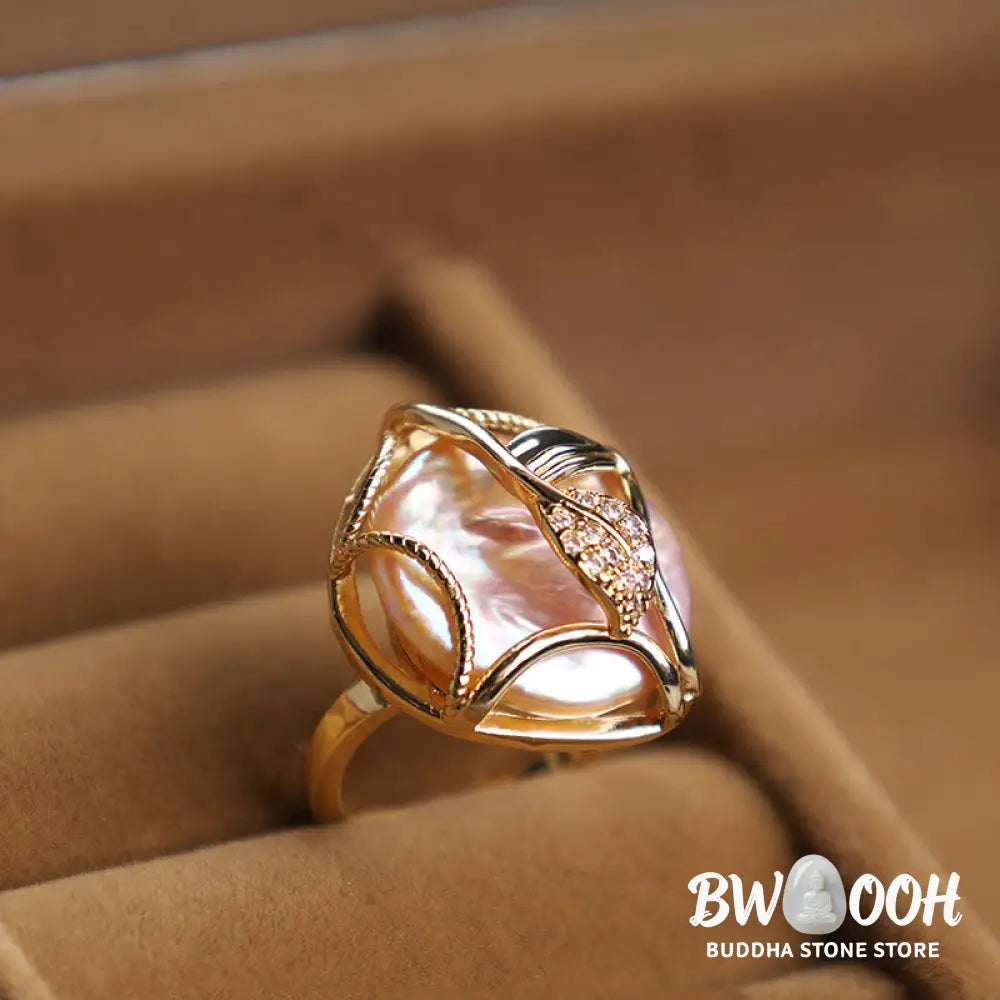 Buddha Stones Pearl Copper Plated Gold Flower Happiness Wealth Ring - BWOOOH - Ring