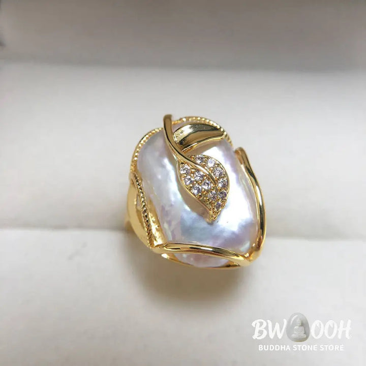 Buddha Stones Pearl Copper Plated Gold Flower Happiness Wealth Ring - BWOOOH - Ring