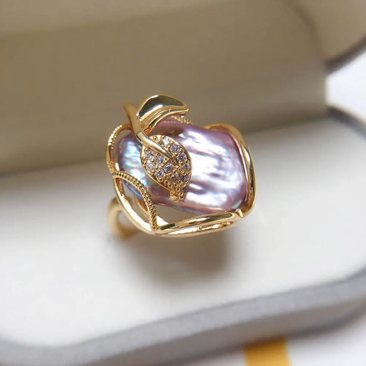 BWOOOH Pearl Copper Plated Gold Flower Happiness Wealth Ring — Pearl spiritual jewelry for spiritual healing and mindful l...
