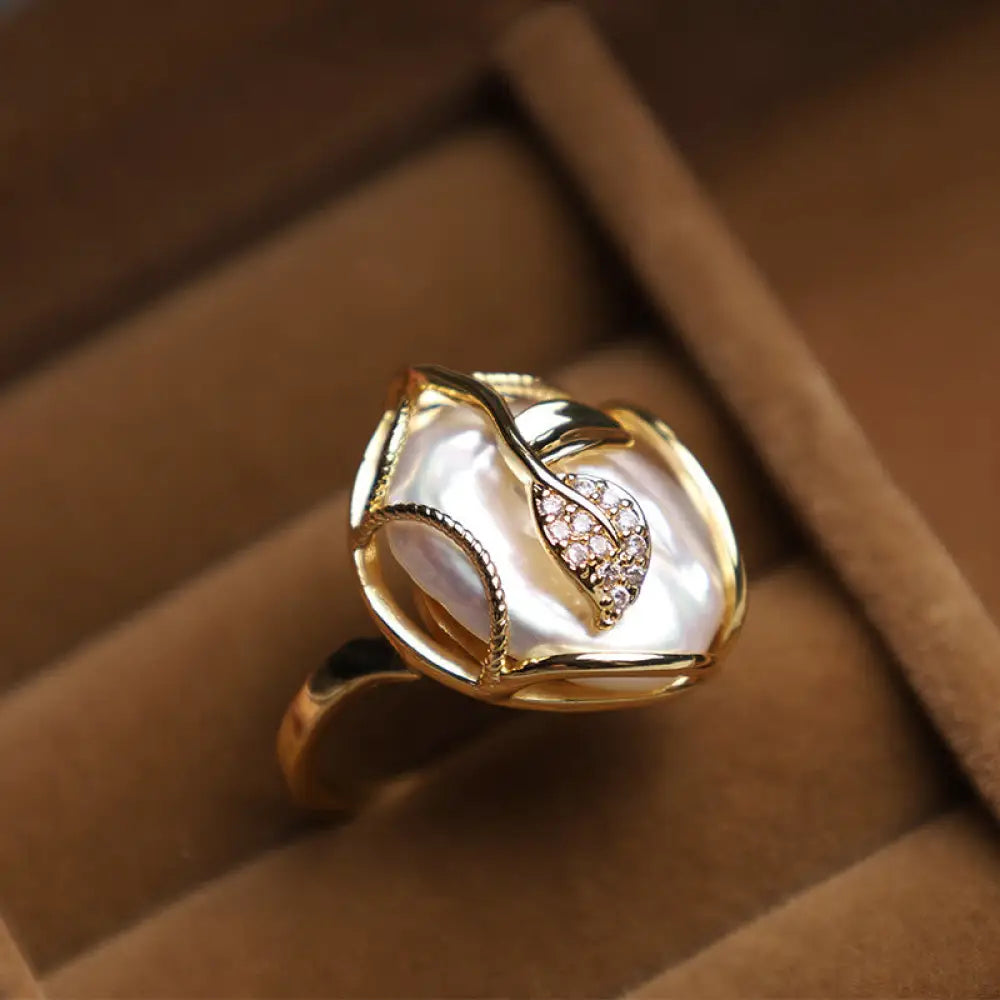 Buddha Stones Pearl Copper Plated Gold Flower Happiness Wealth Ring - BWOOOH - White(Adjustable) / No Box - Ring