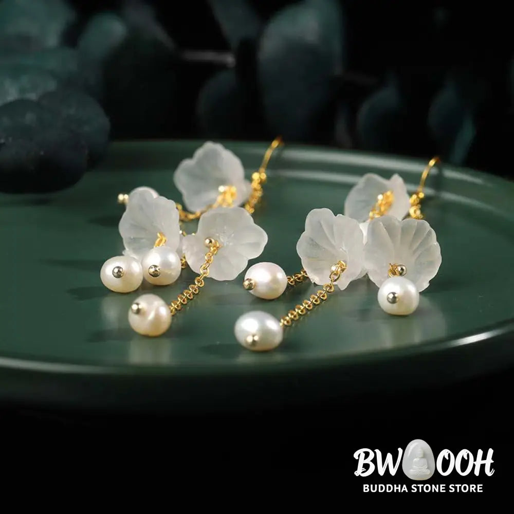 Buddha Stones Pearl Flower Petals Luck Drop Earrings - Pearl - Earrings