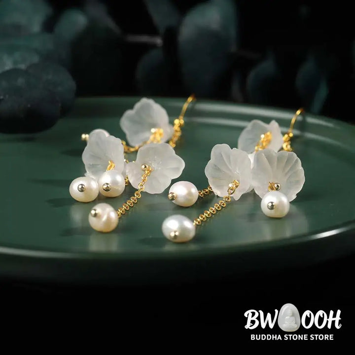 Buddha Stones Pearl Flower Petals Luck Drop Earrings - Pearl - Earrings