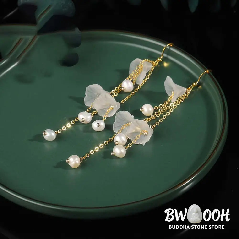 Buddha Stones Pearl Flower Petals Luck Drop Earrings - Pearl - Earrings