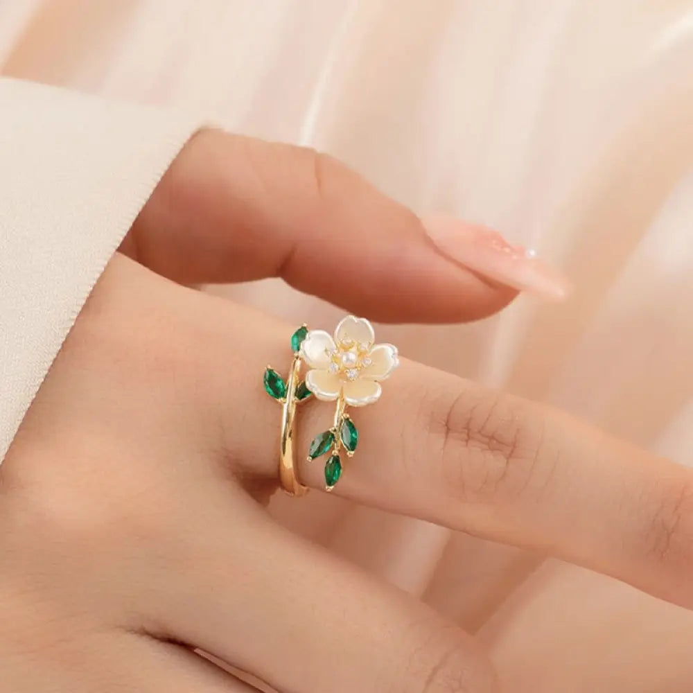BWOOOH Pearl Flower Zircon Leaves Happiness Wealth Adjustable Ring — Pearl crystal healing bracelet for spiritual healing ...