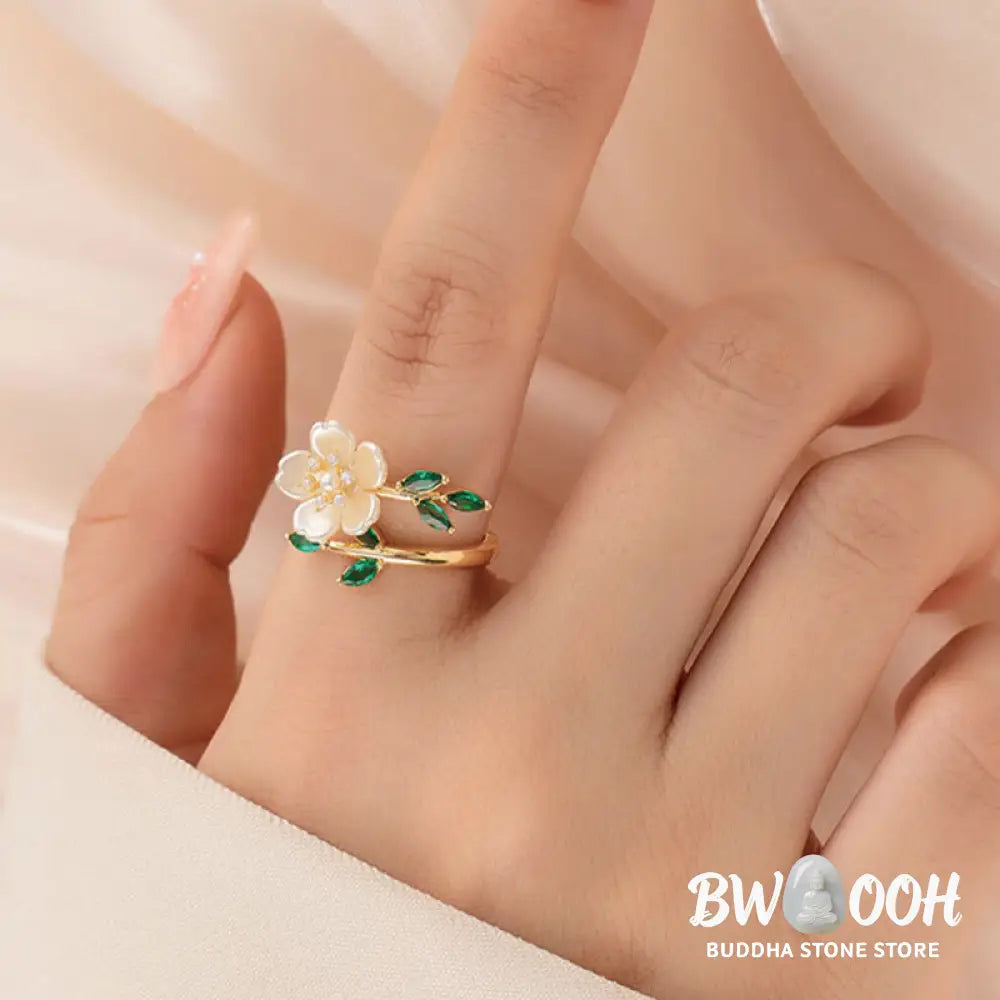 Buddha Stones Pearl Flower Zircon Leaves Happiness Wealth Adjustable Ring - Copper(Ring Inner Diameter: 18mm) - Ring