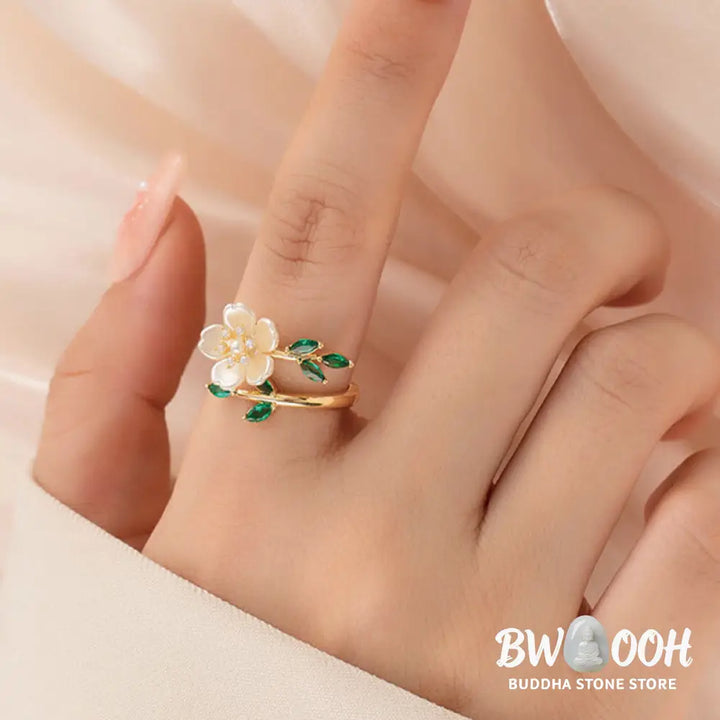 Buddha Stones Pearl Flower Zircon Leaves Happiness Wealth Adjustable Ring - Copper(Ring Inner Diameter: 18mm) - Ring