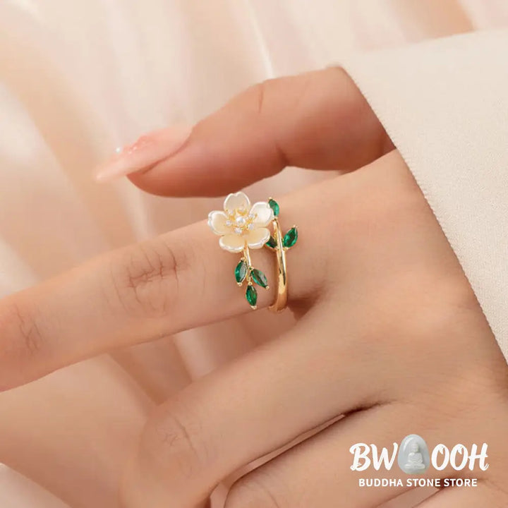 Buddha Stones Pearl Flower Zircon Leaves Happiness Wealth Adjustable Ring - Copper(Ring Inner Diameter: 18mm) - Ring