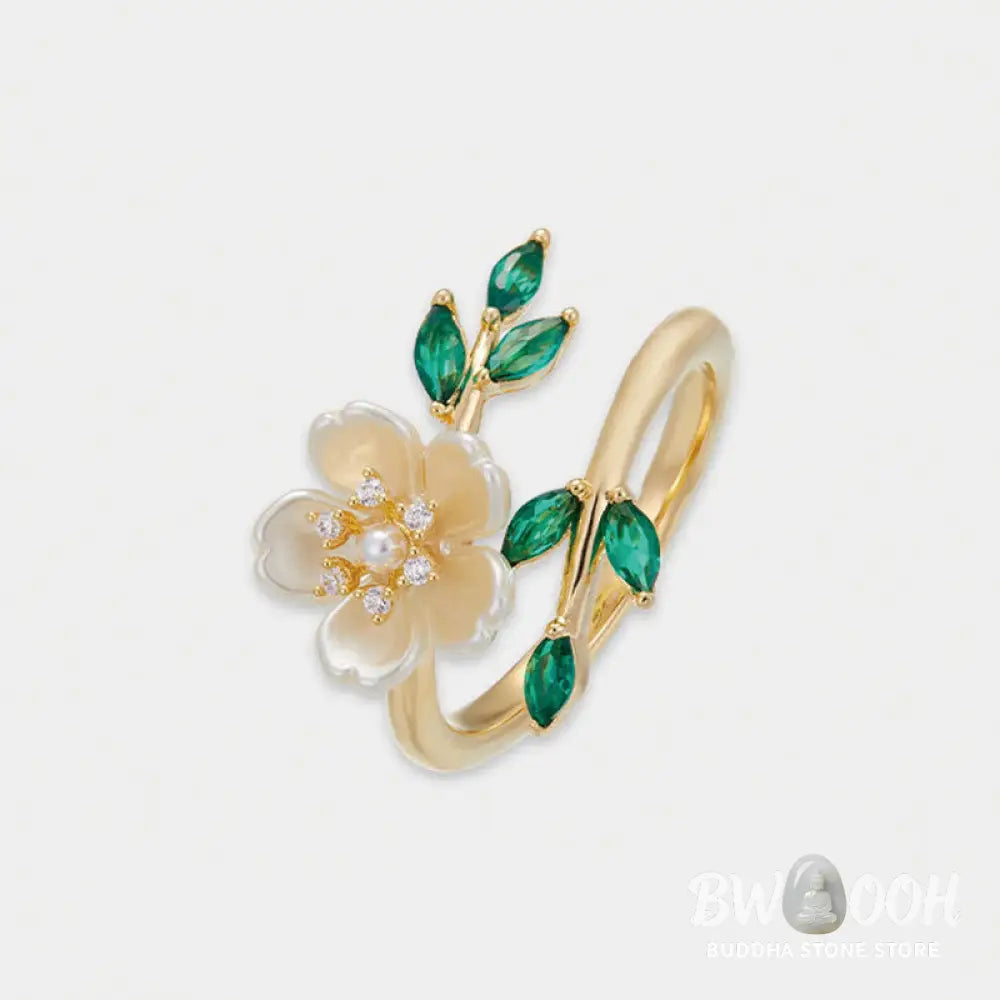 Buddha Stones Pearl Flower Zircon Leaves Happiness Wealth Adjustable Ring - Copper(Ring Inner Diameter: 18mm) - Ring