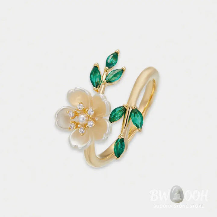 Buddha Stones Pearl Flower Zircon Leaves Happiness Wealth Adjustable Ring - Copper(Ring Inner Diameter: 18mm) - Ring