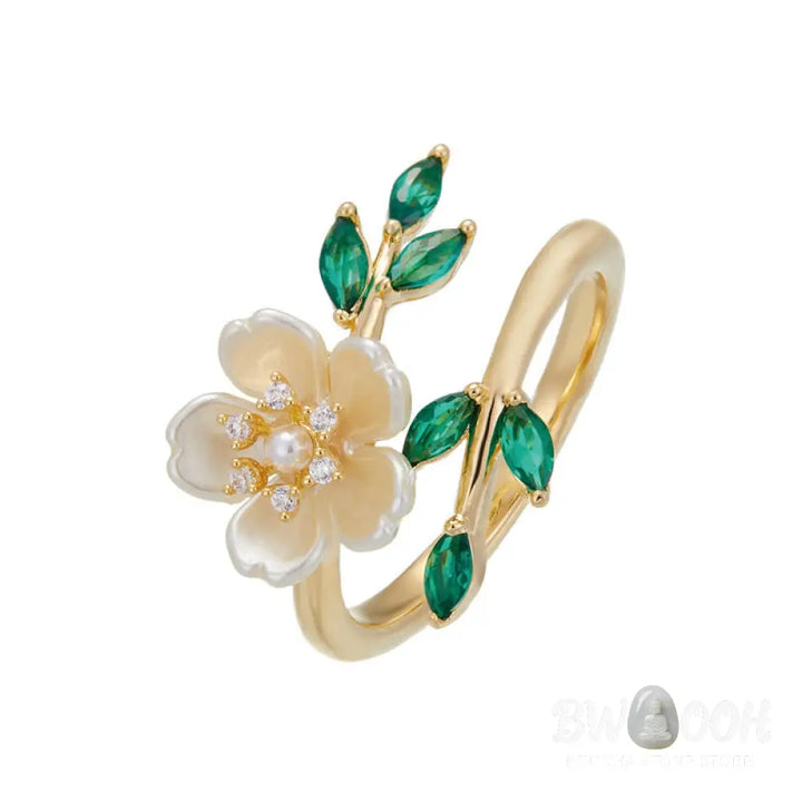 Buddha Stones Pearl Flower Zircon Leaves Happiness Wealth Adjustable Ring - Copper(Ring Inner Diameter: 18mm) - Ring