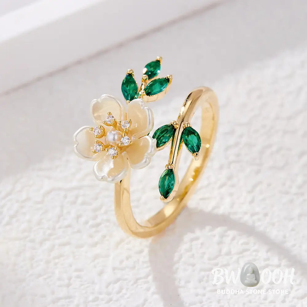 Buddha Stones Pearl Flower Zircon Leaves Happiness Wealth Adjustable Ring - Copper(Ring Inner Diameter: 18mm) - Ring