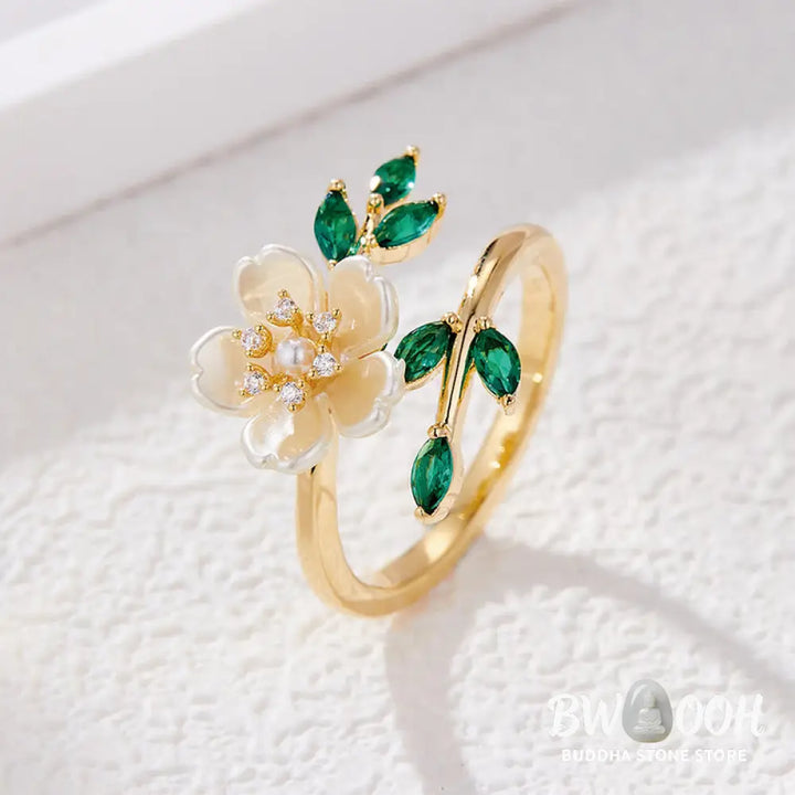 Buddha Stones Pearl Flower Zircon Leaves Happiness Wealth Adjustable Ring - Copper(Ring Inner Diameter: 18mm) - Ring