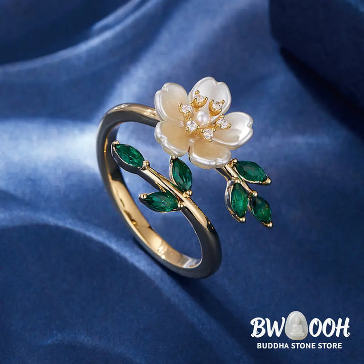 Buddha Stones Pearl Flower Zircon Leaves Happiness Wealth Adjustable Ring - Copper(Ring Inner Diameter: 18mm) - Ring