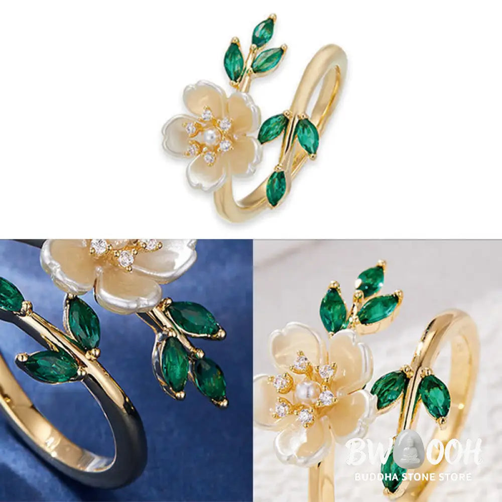 Buddha Stones Pearl Flower Zircon Leaves Happiness Wealth Adjustable Ring - Copper(Ring Inner Diameter: 18mm) - Ring