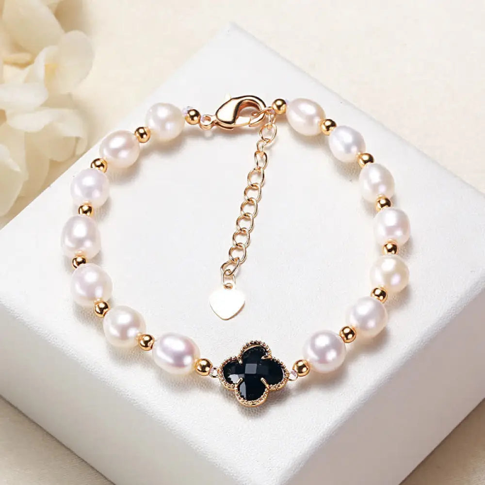 Buddha Stones Pearl Four Leaf Clover Wealth Chain Bracelet - BWOOOH - Black Four Leaf Clover - Bracelet