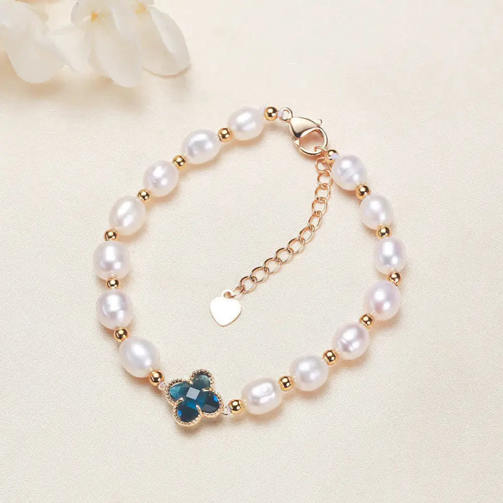 Buddha Stones Pearl Four Leaf Clover Wealth Chain Bracelet - BWOOOH - Blue Four Leaf Clover - Bracelet