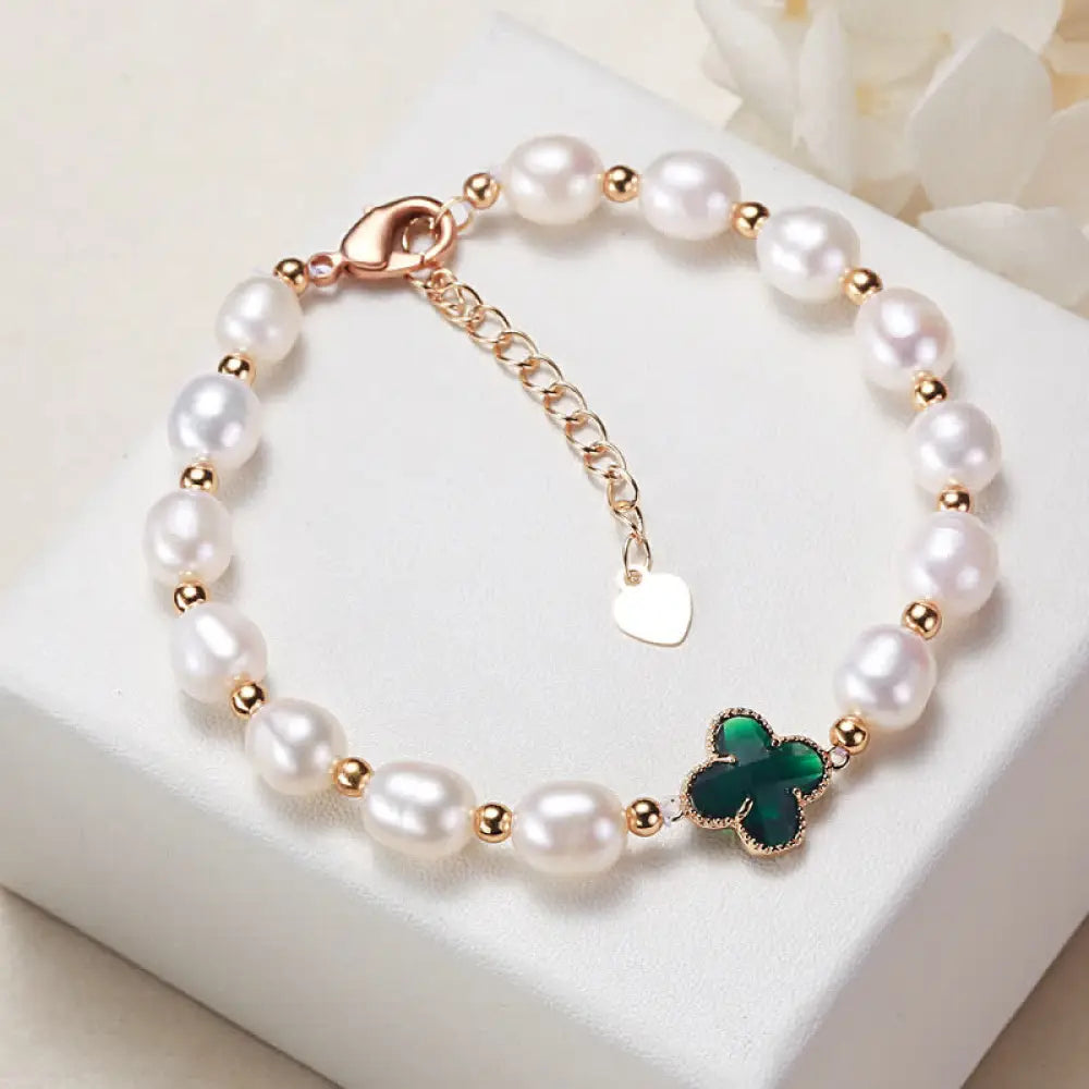 Buddha Stones Pearl Four Leaf Clover Wealth Chain Bracelet - BWOOOH - Dark Green Four Leaf Clover - Bracelet