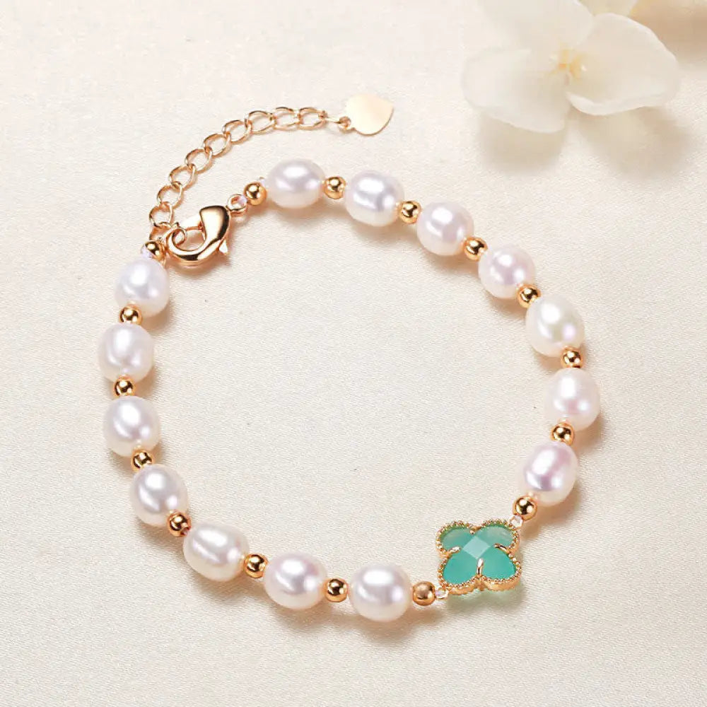 Buddha Stones Pearl Four Leaf Clover Wealth Chain Bracelet - BWOOOH - Green Four Leaf Clover - Bracelet