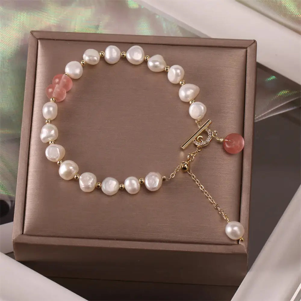 Buddha Stones Pearl Green Strawberry Quartz Bead Healing Chain Bracelet - BWOOOH - Pearl&amp;Strawberry Quartz - Bracelet