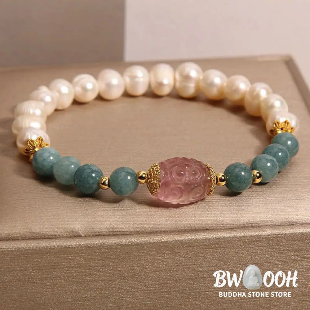 Buddha Stones Pearl Jade Strawberry Quartz Purity Bracelet - BWOOOH - Pearl& Jade(Wrist Circumference: 14-16cm)