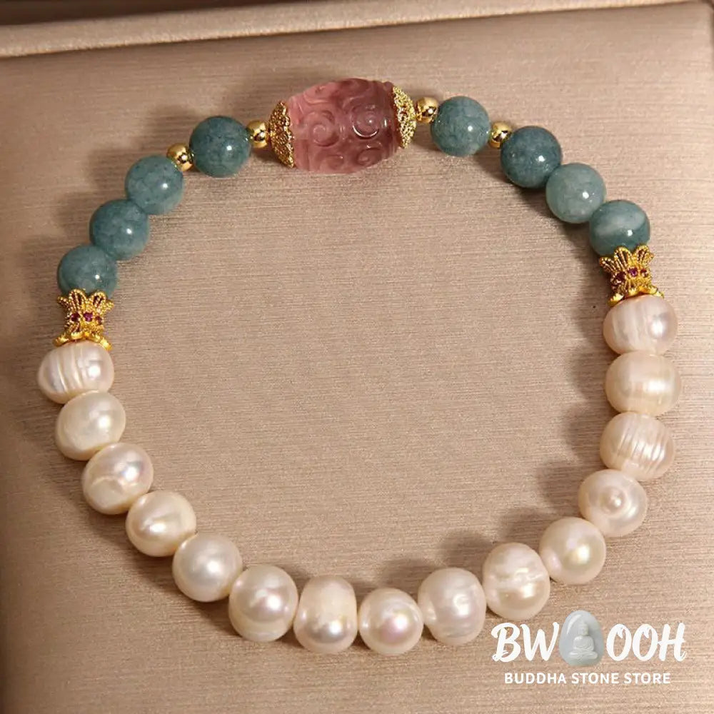 Buddha Stones Pearl Jade Strawberry Quartz Purity Bracelet - BWOOOH - Pearl&amp; Jade(Wrist Circumference: 14-16cm)