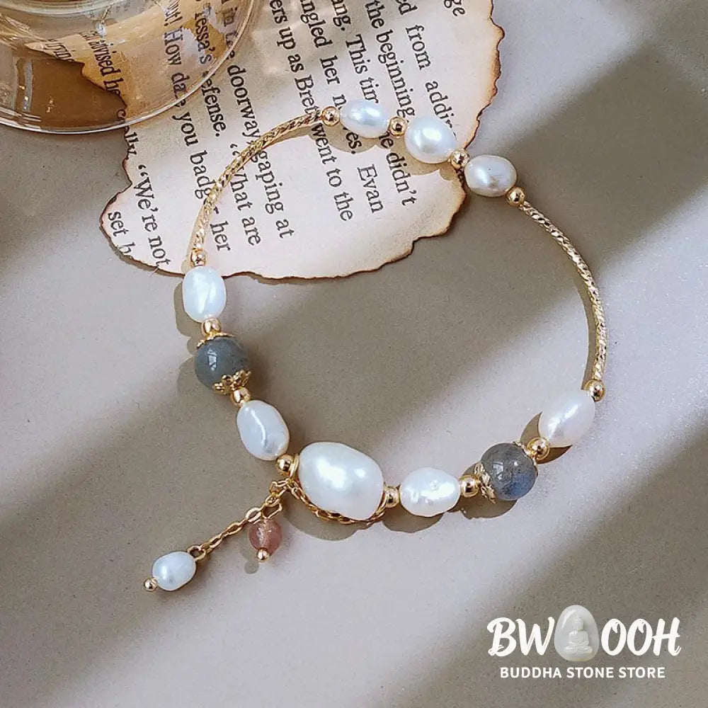 Buddha Stones Pearl Moonstone Strawberry Quartz Bead Optimism Bracelet - BWOOOH - Pearl&amp;Moonstone - Bracelet