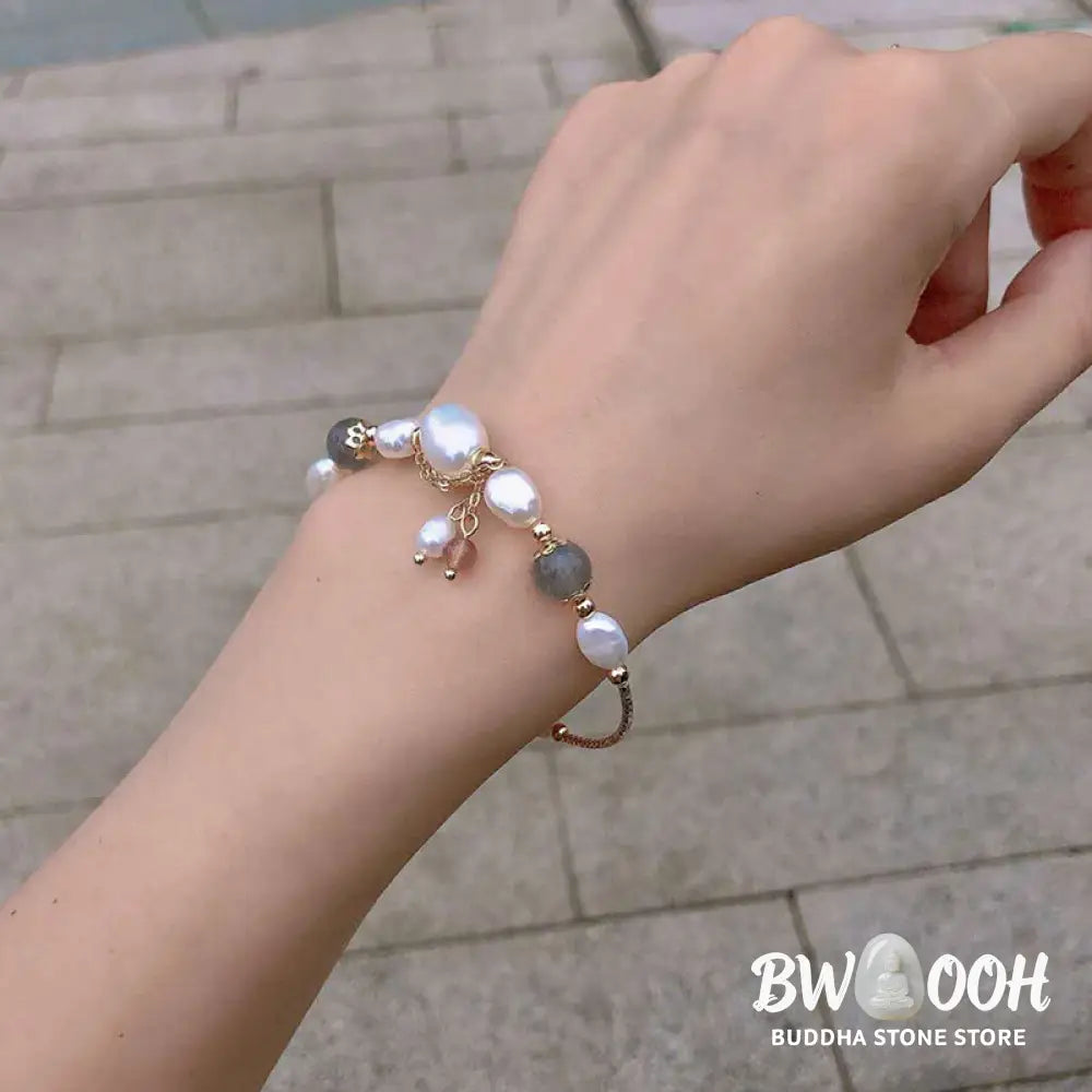 Buddha Stones Pearl Moonstone Strawberry Quartz Bead Optimism Bracelet - BWOOOH - Pearl&amp;Moonstone - Bracelet