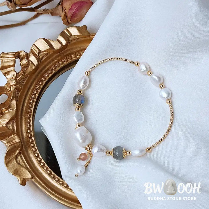 Buddha Stones Pearl Moonstone Strawberry Quartz Bead Optimism Bracelet - BWOOOH - Pearl&amp;Moonstone - Bracelet