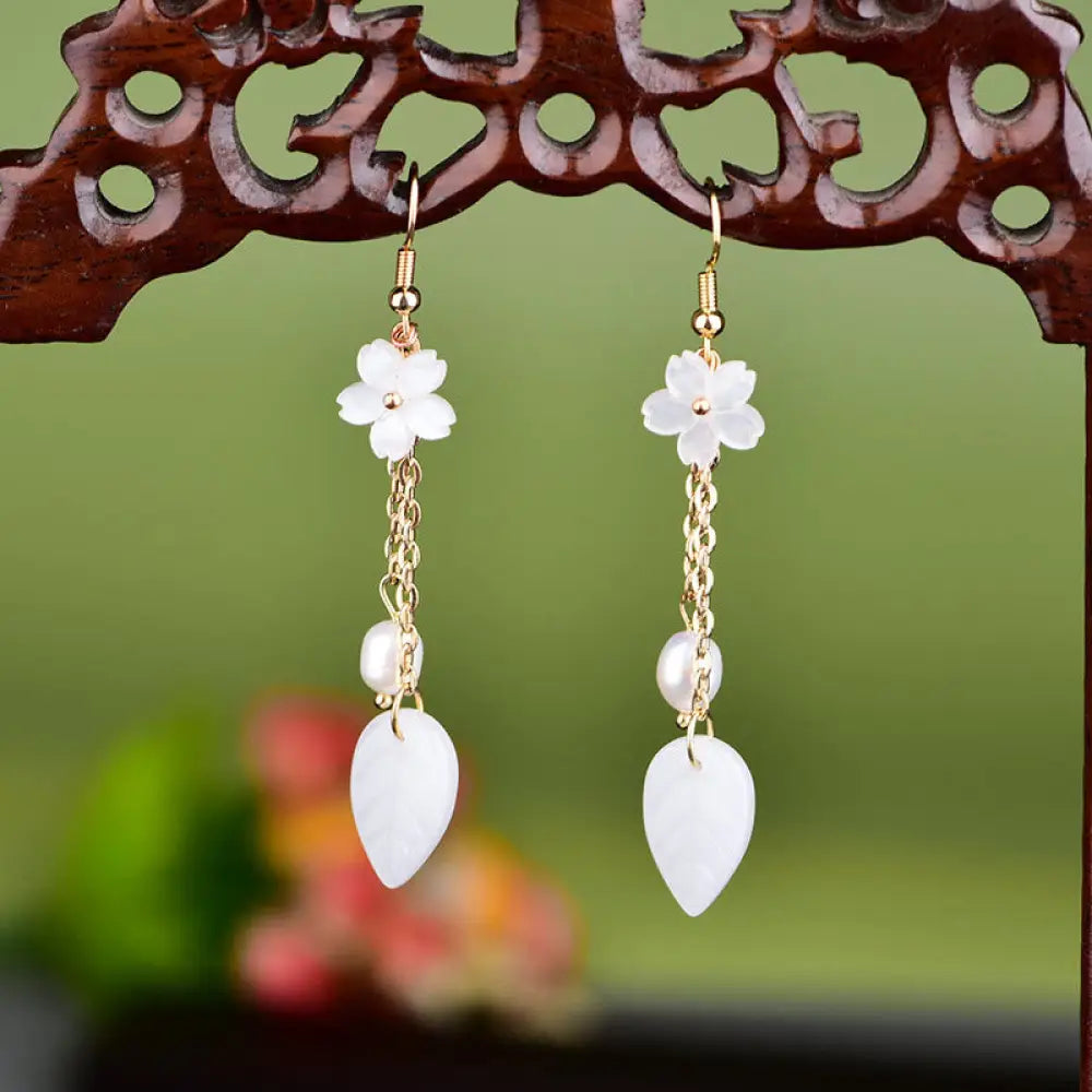BWOOOH Pearl White Flower Leaves Happiness Drop Earrings — Pearl crystal healing bracelet for spiritual healing and mindfu...