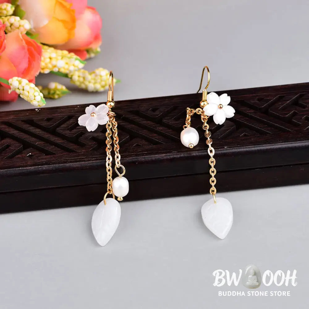 Buddha Stones Pearl White Flower Leaves Happiness Drop Earrings - Flower(Copper Posts) - Earrings