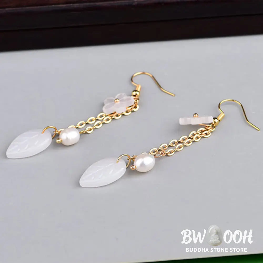 Buddha Stones Pearl White Flower Leaves Happiness Drop Earrings - Flower(Copper Posts) - Earrings