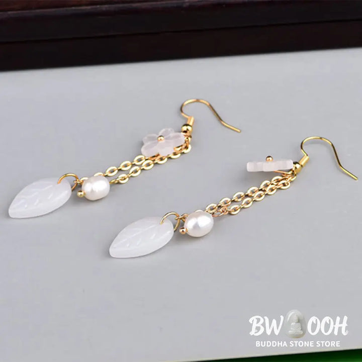 Buddha Stones Pearl White Flower Leaves Happiness Drop Earrings - Flower(Copper Posts) - Earrings