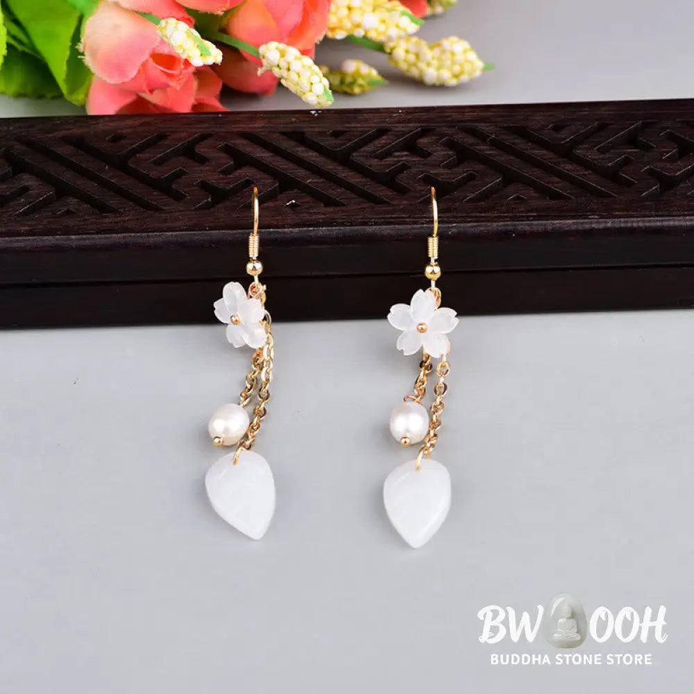 Buddha Stones Pearl White Flower Leaves Happiness Drop Earrings - Flower(Copper Posts) - Earrings