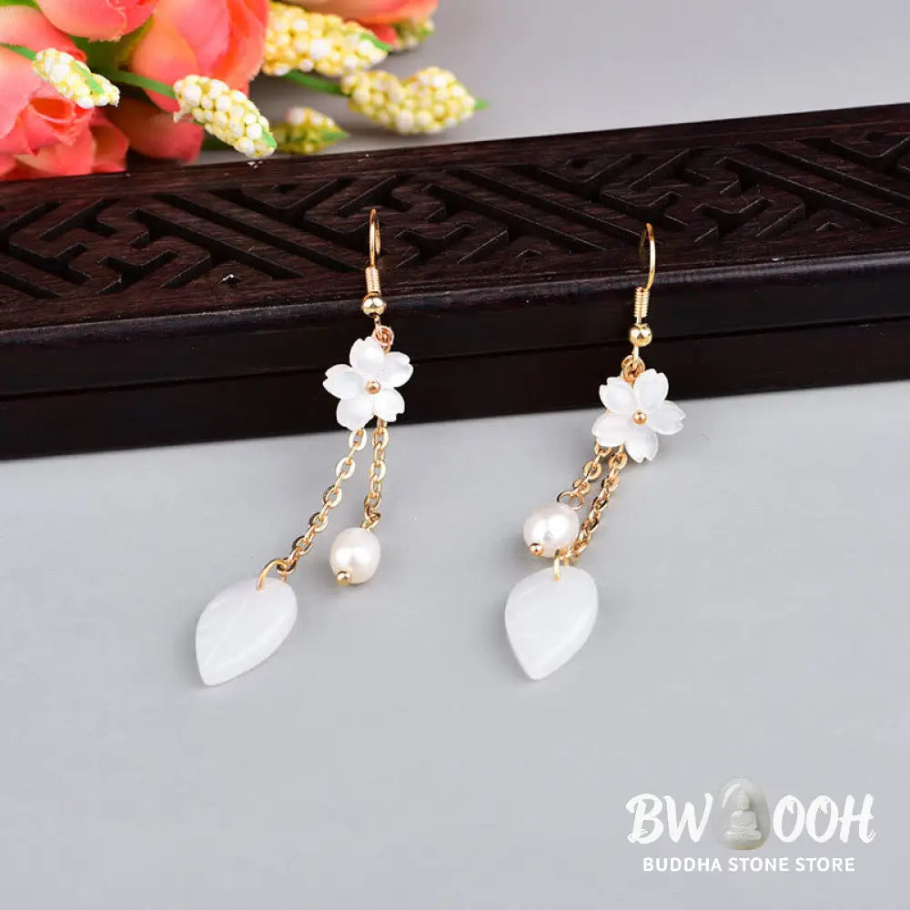 Buddha Stones Pearl White Flower Leaves Happiness Drop Earrings - Flower(Copper Posts) - Earrings