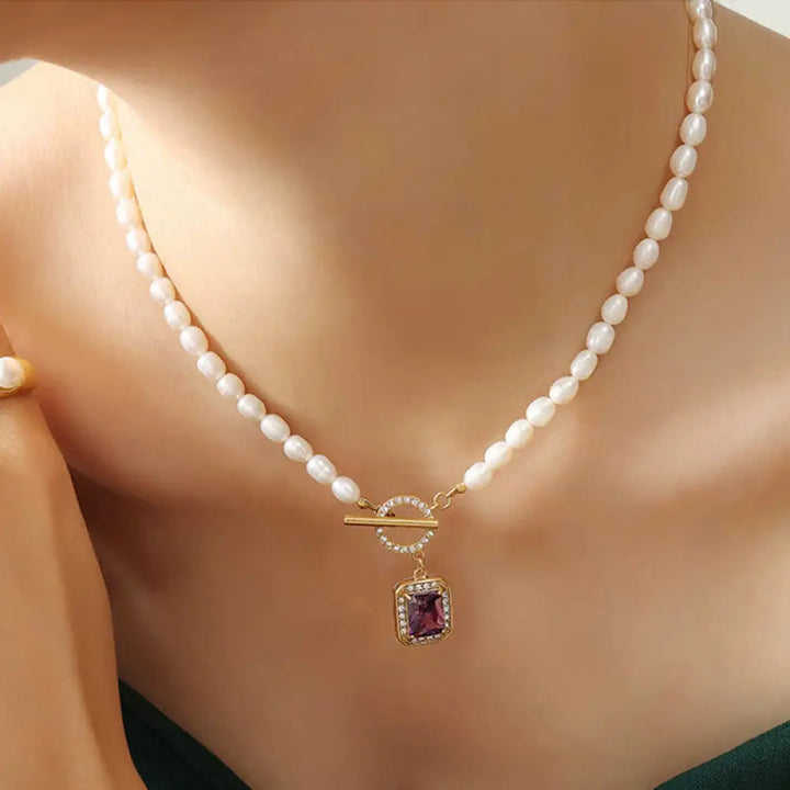 BWOOOH Pearl Zircon Titanium Steel Wealth Charm Necklace Pendant — lustrous pearl and zircon crystal charm
