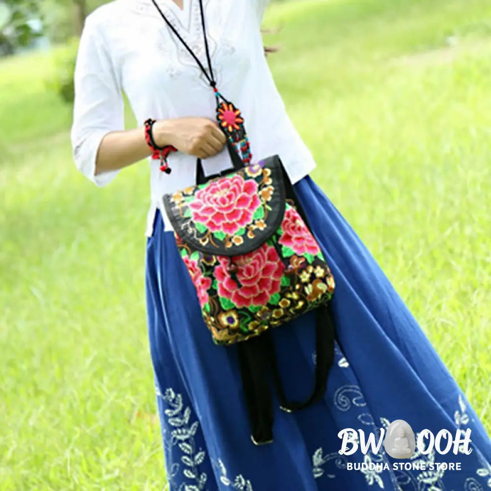 Buddha Stones Peony Chinese Money Tree Embroidery Canvas Backpack - Backpack