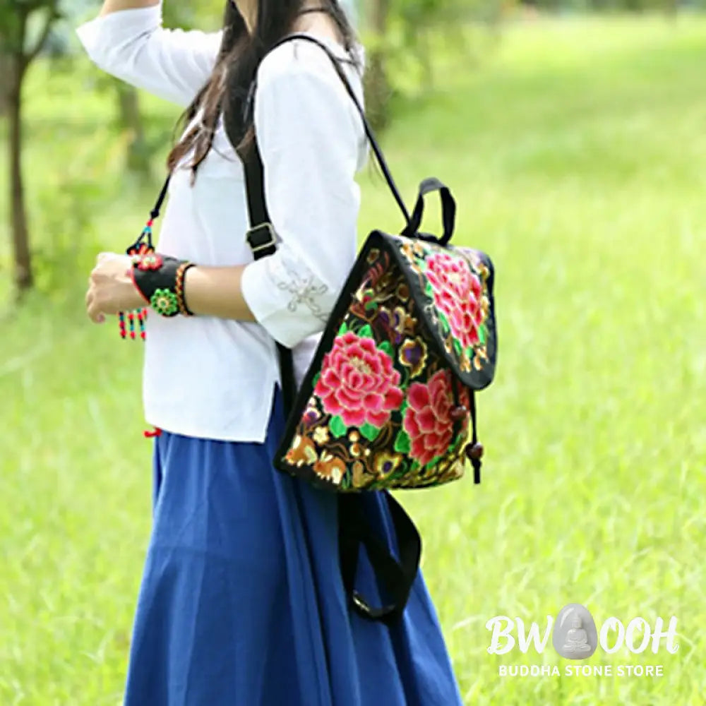 Buddha Stones Peony Chinese Money Tree Embroidery Canvas Backpack - Backpack