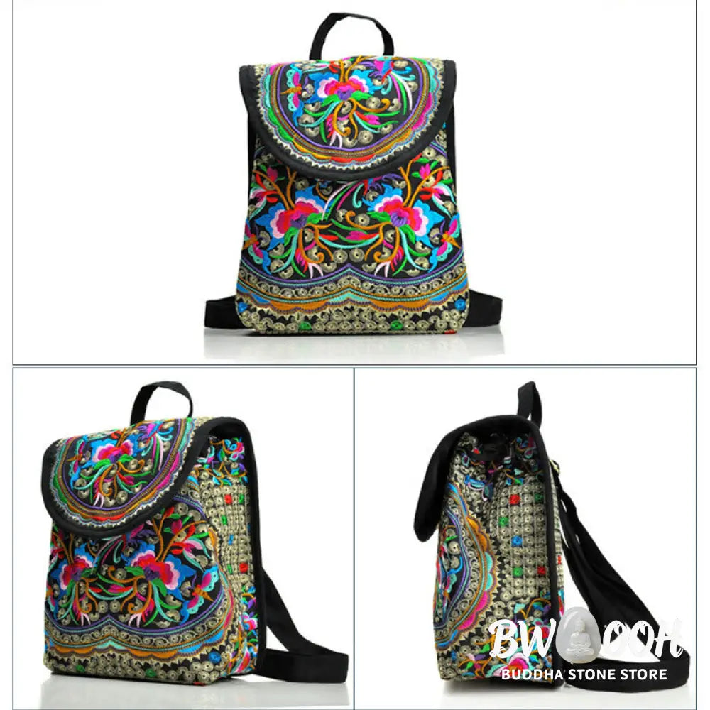Buddha Stones Peony Chinese Money Tree Embroidery Canvas Backpack - Backpack