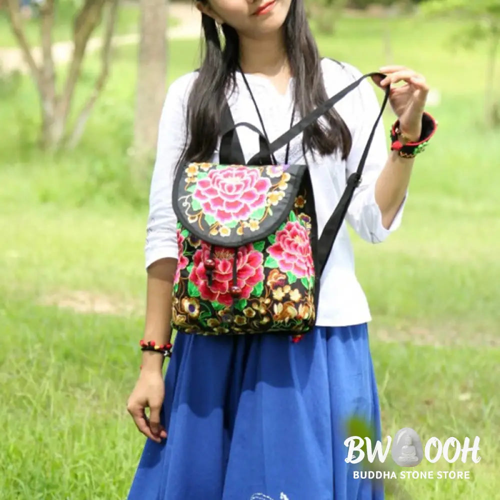 Buddha Stones Peony Chinese Money Tree Embroidery Canvas Backpack - Backpack