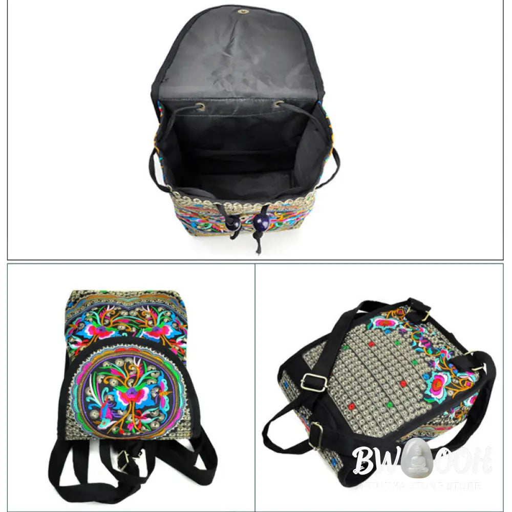 Buddha Stones Peony Chinese Money Tree Embroidery Canvas Backpack - Backpack