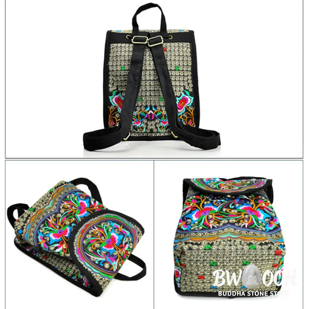 Buddha Stones Peony Chinese Money Tree Embroidery Canvas Backpack - Backpack