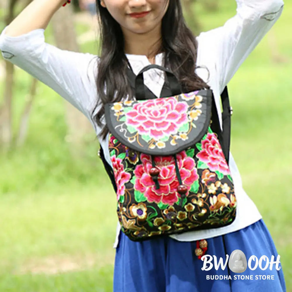Buddha Stones Peony Chinese Money Tree Embroidery Canvas Backpack - Backpack