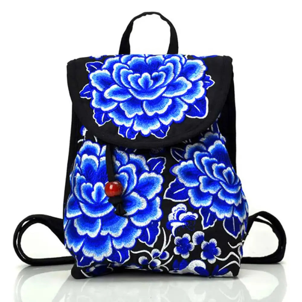 Buddha Stones Peony Chinese Money Tree Embroidery Canvas Backpack - Blue Peony / 23*13*29cm - Backpack