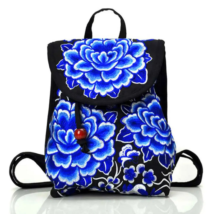 Buddha Stones Peony Chinese Money Tree Embroidery Canvas Backpack - Blue Peony / 23*13*29cm - Backpack