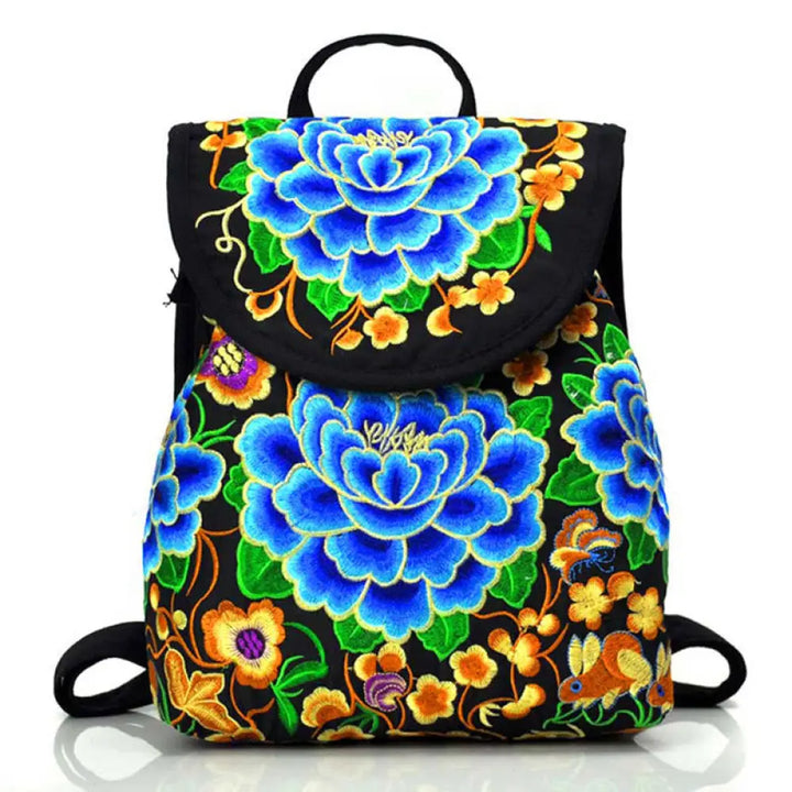 Buddha Stones Peony Chinese Money Tree Embroidery Canvas Backpack - DeepSkyBlue Peony / 23*13*29cm - Backpack