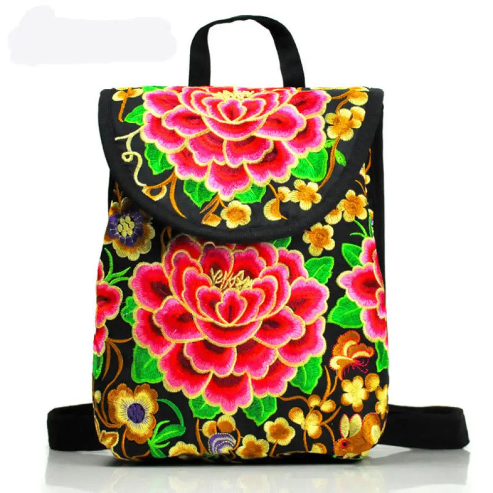 Buddha Stones Peony Chinese Money Tree Embroidery Canvas Backpack - Red Peony / 23*13*29cm - Backpack