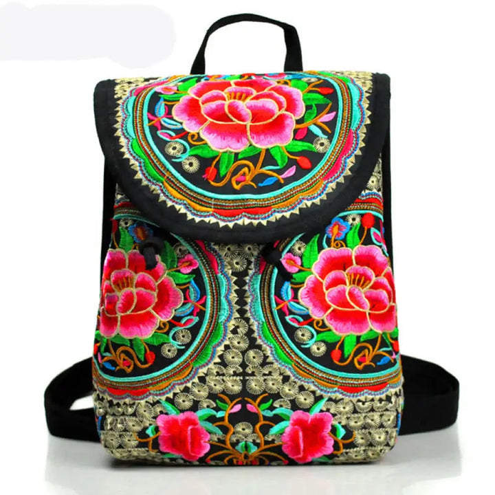 Buddha Stones Peony Chinese Money Tree Embroidery Canvas Backpack - Small Red Peony / 23*13*29cm - Backpack