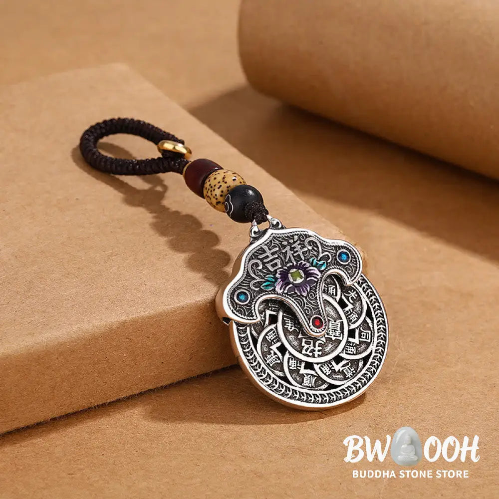 Buddha Stones Peony Flower Copper Coin Auspicious Wealth Key Chain - Auspicious Copper Coin Key Chain - Key Chain