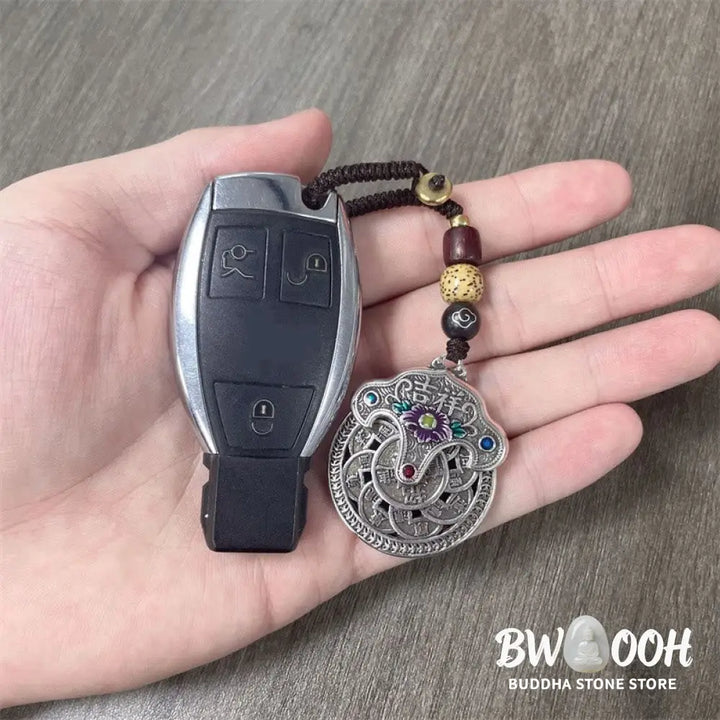 Buddha Stones Peony Flower Copper Coin Auspicious Wealth Key Chain - Auspicious Copper Coin Key Chain - Key Chain